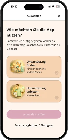 zeit+nah App, Auswahl der Nutzerrolle