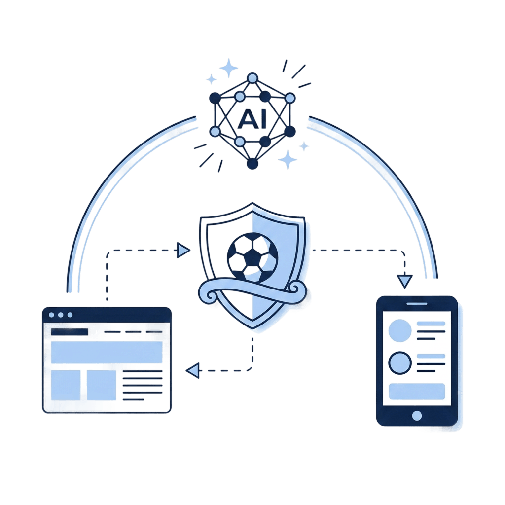 Illustration: Vereinswappen in der Mitte, verbunden mit Website, App und KI — drei Module unter einem Dach